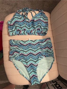 Forever 21 Teal Blue Pink High-Waist Bikini Set